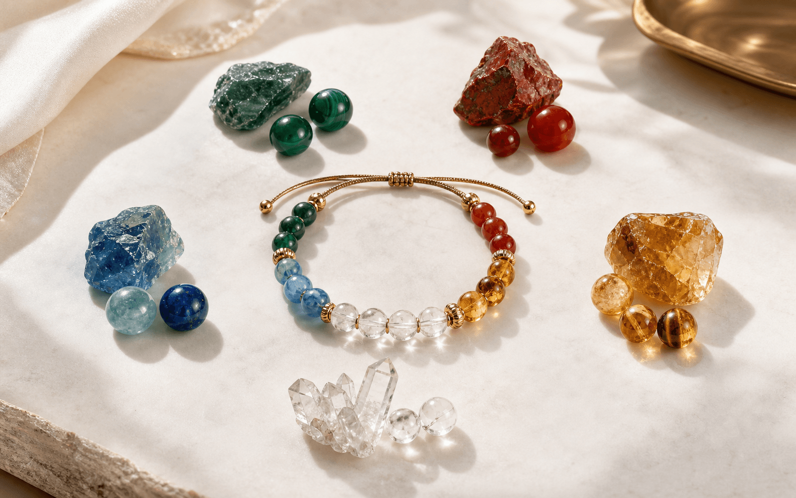 A luxury crystal bracelet composition showing five element stone families arranged around a made-to-order bracelet.